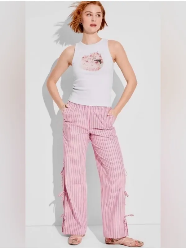 Women's Wide Leg‎ Pants Target Pink Striped Tie Detail High Waist NWT - Image 2