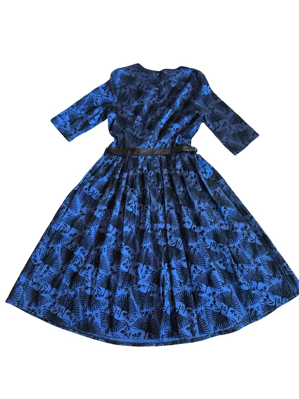 Voodoo Vixen Blue Black Bird Print Belted Fit Flare Midi Dress Medium Women's - Image 9