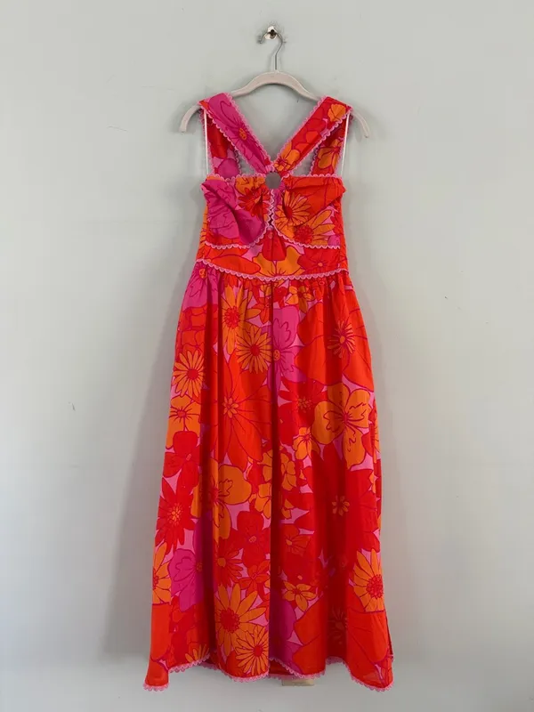 NWT J. Marie Lizzie Ric Rac Orange Floral Pink Preppy Summer‎ Midi Dress - Image 2