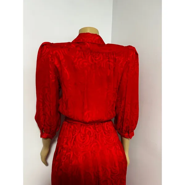 Argenti Vintage Red 100% Silk Jacquard Bow Belted Midi Dress Womens 6 - Image 7