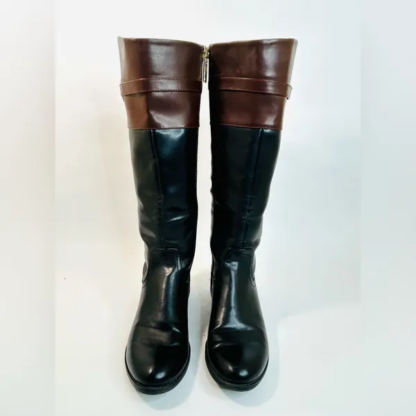 Tommy Hilfiger Leather Riding Boots, Black and Brown Colorblock Design, size 7.5 - Image 4