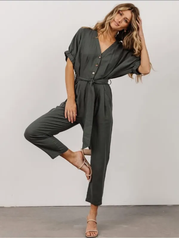 In Loom Linen Blend V-Neck Jumpsuit in Mushroom NWT - Image 2
