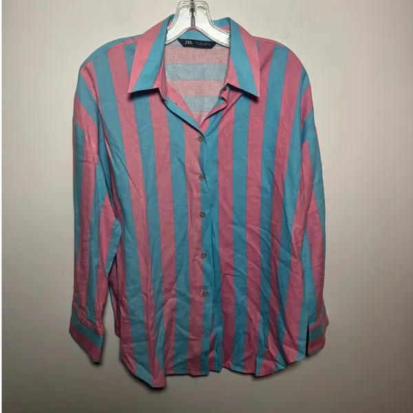 Zara Pink Blue Striped Long Sleeve Button Up Dress Shirt Size S Small - Image 2