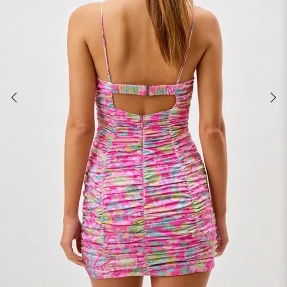 For Love and Lemons‎ Julien Cami Mini Dress XS Pink Floral Ruched Bodycon Cutout - Image 2