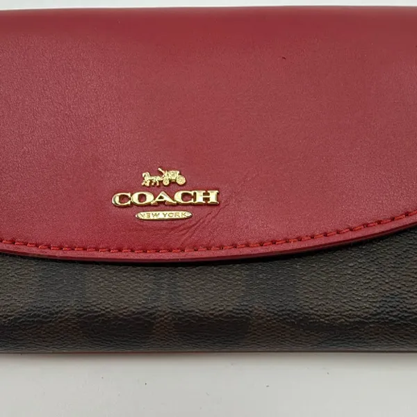 Coach Signature Flap Brown Burgundy Coated Canvas Leather Wa - Image 2