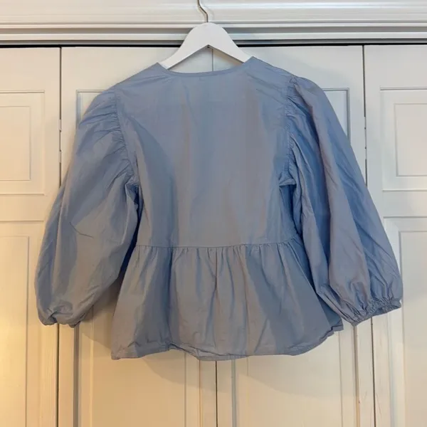 Blue cotton puff sleeve tie front fashion top size M - Image 5