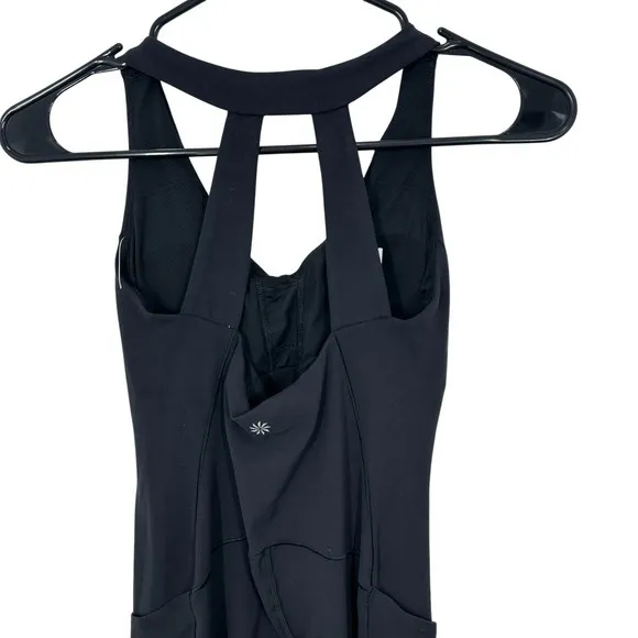 Athleta Transcend Bodysuit Black Yoga‎ Pilates One Piece Strappy Back Pockets XS - Image 6