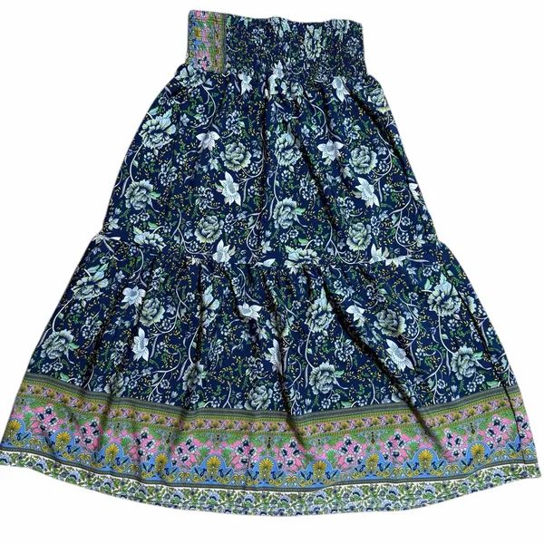 Bohemian Floral Border Print Maxi Skirt Size L NWT Smocked Waist Hippie - Image 6