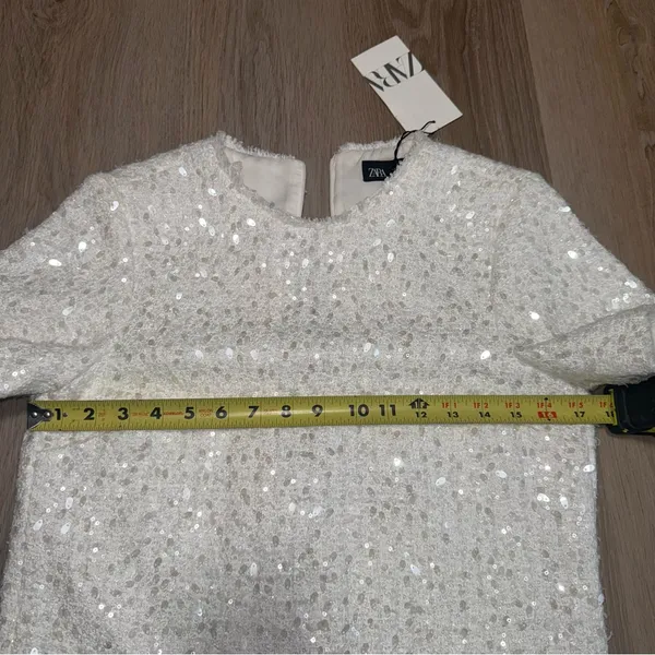 Zara White & Silver Sequin Tweed Short Sleeve Mini Dress - Size XS - Image 4