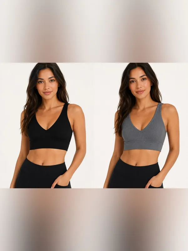Pro-Fit Seamless Ribbed V-Neck Bralette - Black & Gray Large - Image 2