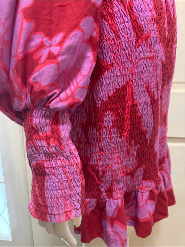 Farm Rio Smocked Floral Ruffle Mini Dress - Pink/Red - Image 10
