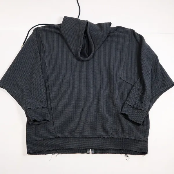 POL Waffle Knit Full Zip Hoodie Women L Gray Oversized Distressed Raw Hem Boho - Image 2