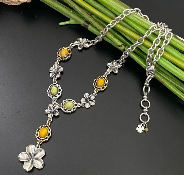 LUCKY BRAND Silver-tone Chain Flower Cabochon Y-Necklace 31g - Image 2