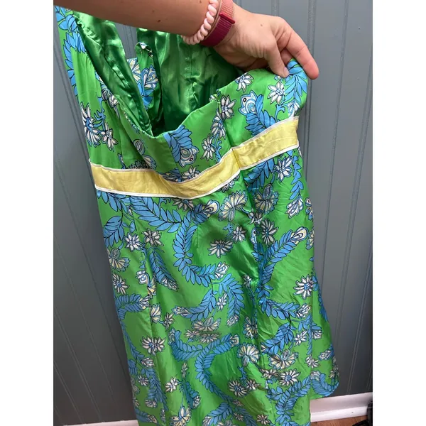 Lilly Pulitzer Green Floral 100% Silk Halter Dress Size 8 Tropical V-Neck Lined - Image 4