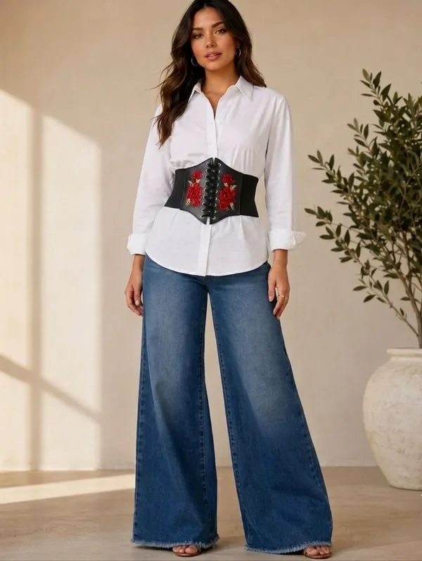 Black Floral Embroidered Waist Elastic‎ Corset Belt One Size - Image 2