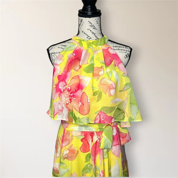 Eliza J Yellow Floral Halter High Low Maxi Dress 8‎ Chiffon Wedding Guest Party - Image 3