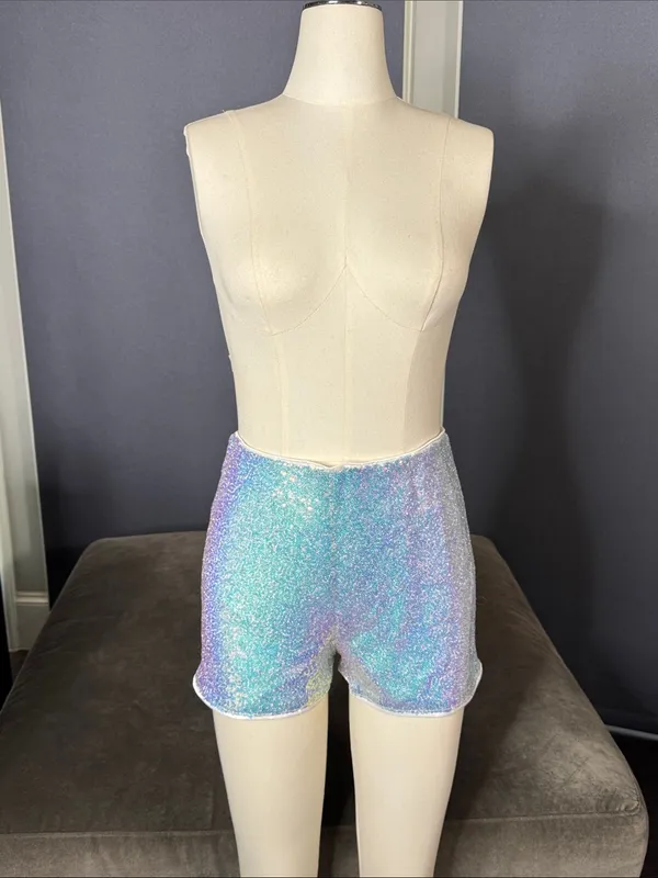 Iridescent Silver Sequin Women’s High-Waist Party Festival Shorts SMALL NWOT - Image 2