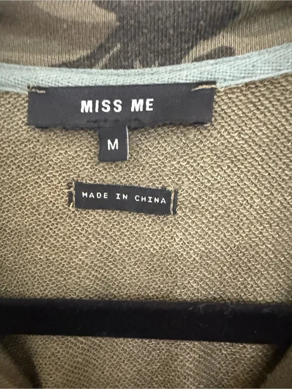 Miss Me Olive Green Camo Crewneck Sweatshirt with Stripe Sleeves - Image 3