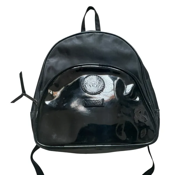 Versace Medusa head black faux patent leather nylon backpack - Image 2