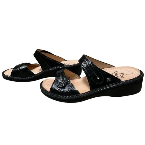 Finn Comfort 37D/6 Catalina Black Patent‎ Leather Soft Footbed Sandals EUC - Image 3