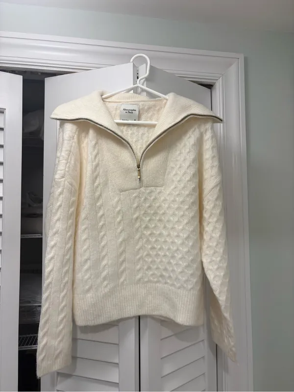 Abercrombie & Fitch Cable Half Zip Pullover Sweater Cream Size Medium - Image 4