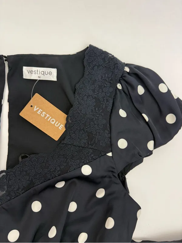 Vestique Mariselle Maxi Dress Polka Dot Lace Puff Sleeve Black White Satin - Image 9