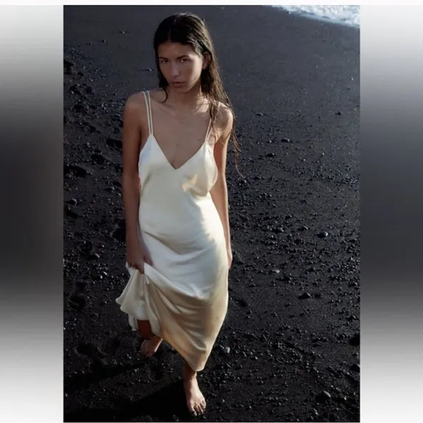 ZARA Satin Maxi Slip Dress Sz L Champagne‎ Gold Double Strap NEW with FLAW - Image 2