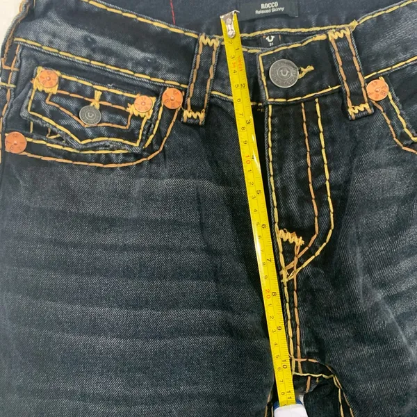 True Religion Women's Dark Blue Skinny Jeans with Yellow Contrast Stitching - Image 4
