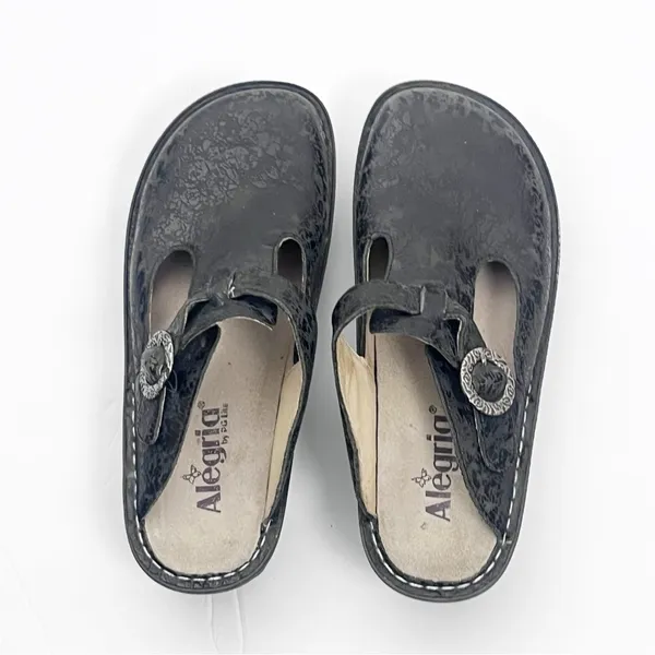 ALEGRIA Leather Black Embossed Buckle Accent Mule Slip On Slide Shoes EU 36 - Image 7