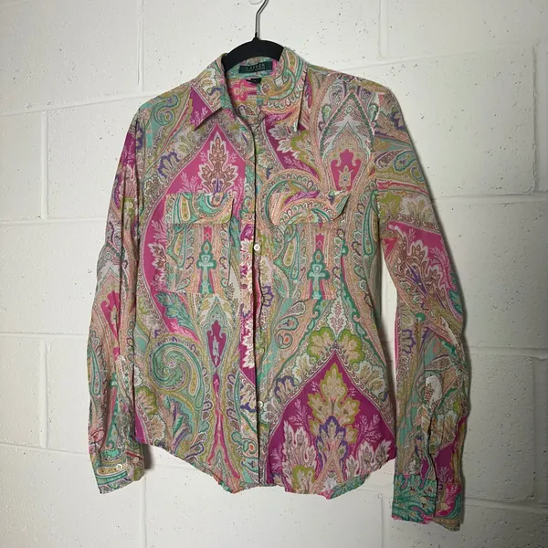 Lauren Ralph Lauren Womens Pink Multi Paisley Cotton Button Down Shirt Small - Image 2