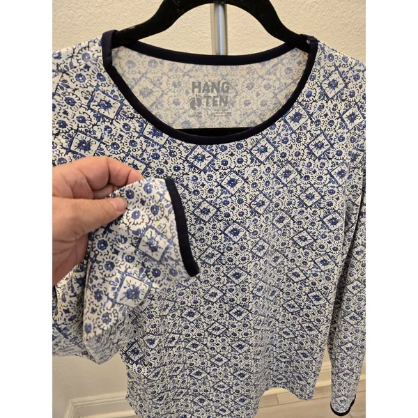 ​Hang Ten Large Blue White Mosaic Tile Long Sleeve Sun Shirt Back Zip Pocket L - Image 2