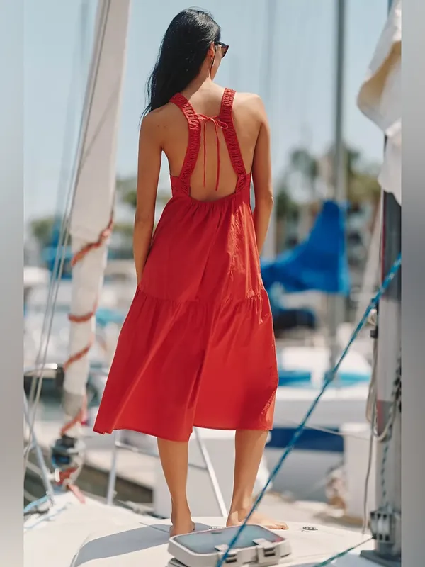 Celandine sleeveless smocked open back midi dress red size medium - Image 2