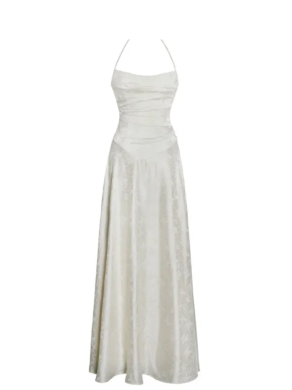 NWT Miss Circle Raegan Pearl White Jacquard Ruched Maxi Dress M - Image 8
