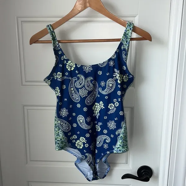 Aerie Blue Paisley Bandana Pattern One Piece Full coverage Bathing Suit Small - Image 2
