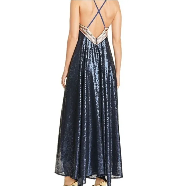AQUA Happily Grey Sequin Maxi‎ Dress Womens Small Navy Striped Glam Formal Boho - Image 3