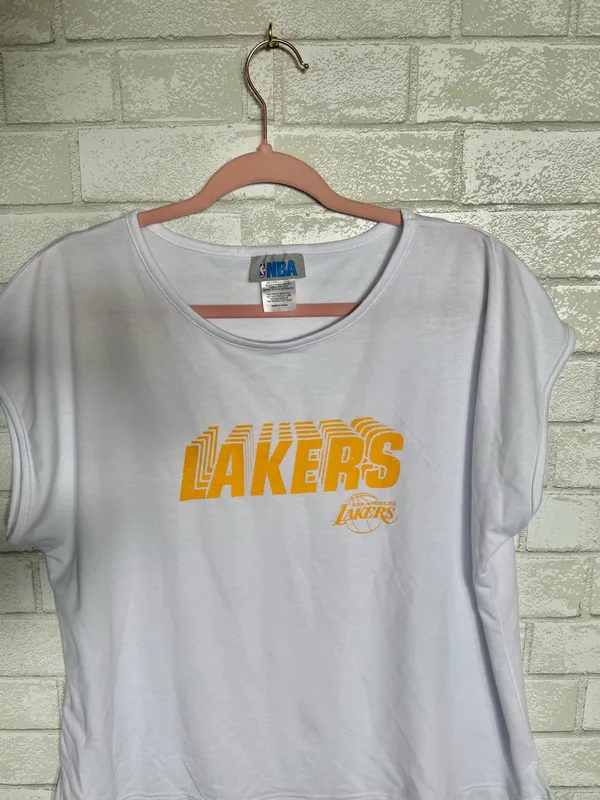 NBA Women's White Tee with Gold Lakers Logo - Image 2