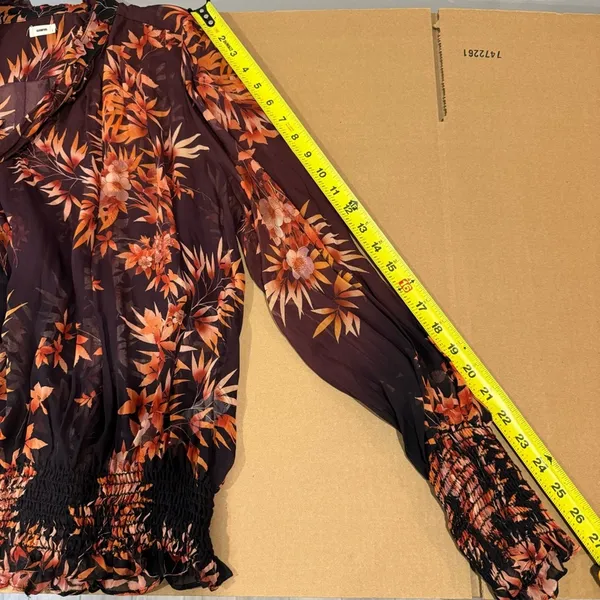 🍁 Warm New York‎ Floral Semi Sheer Neck Tie Blouse Burgundy Long Sleeve Elastic - Image 15