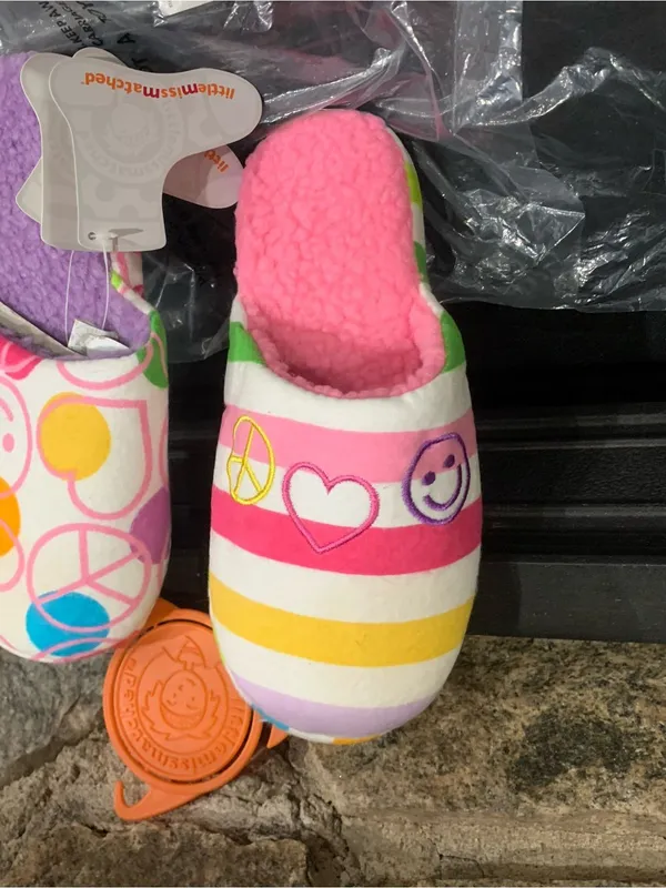 Little Miss Matched Fuzzy Slippers Pink White Purple Women’s Medium (6/7) NWT - Image 2