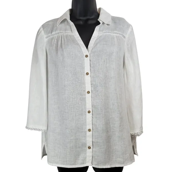 Vince Camuto White Linen Blend 3/4 Sleeve Button Down Top Womens‎ Size S - Image 3