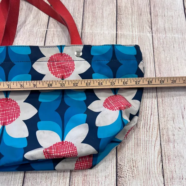 Fossil Floral Nylon Tote Bag Blue White Red‎ Retro Mod Zippered Shopper - Image 9