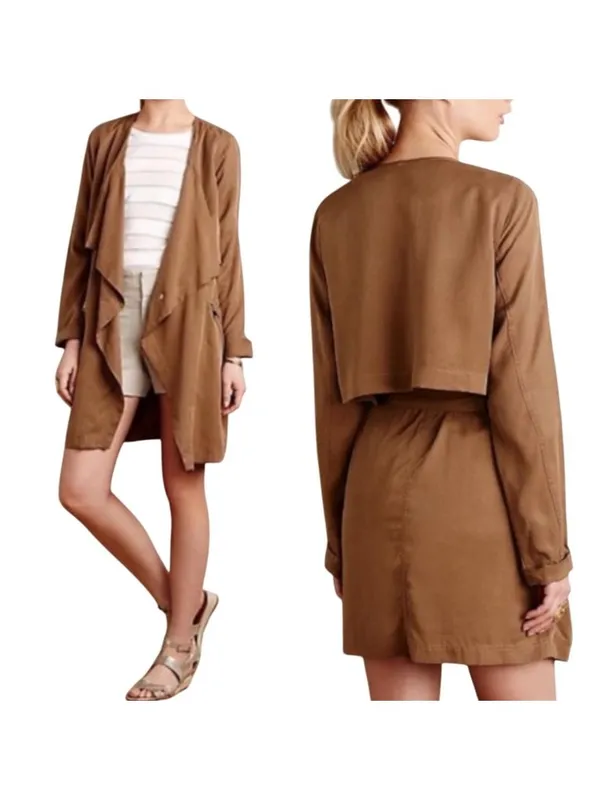 Anthropologie Cartonnier Draped Belted Dress Trench Coat in Copper Brown Size XS - Image 2