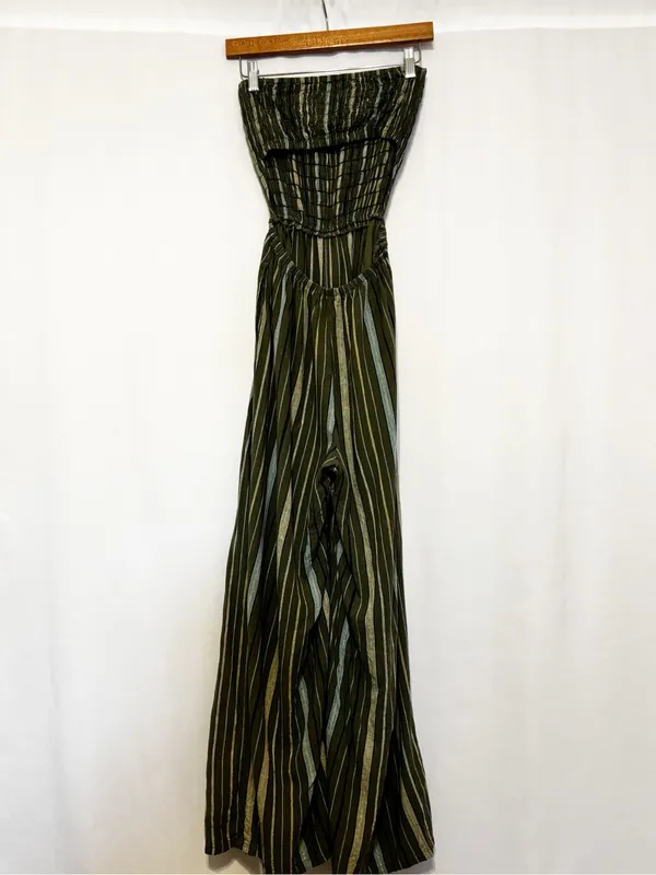 Aerie Strapless Smocked Linen Blend Green Jumpsuit size Small - Image 5
