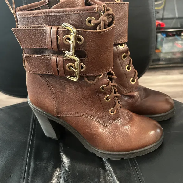 Guess Brown Leather Ankle Boots with Gold Buckle lace up. Read description. - Image 2