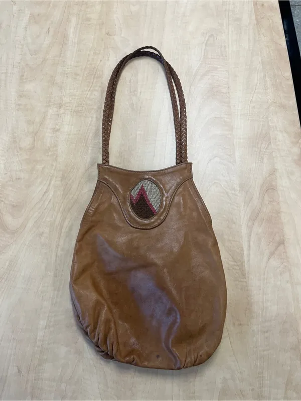 Vintage Leather Hobo Shoulder Bag W/ Woven Strap & Central Tapestry Inset - Image 3