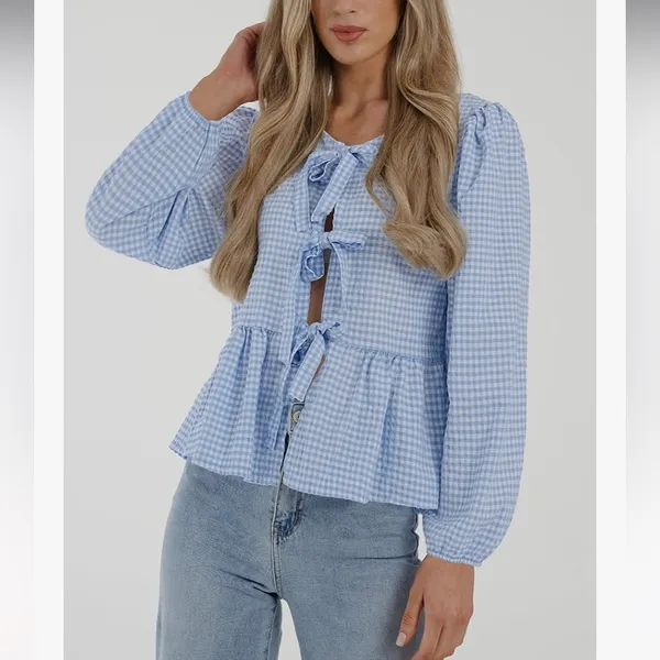 NWOT PRETTYGARDEN Babydoll Peplum Blouse Shirt Puff Long Sleeve Bow Tie Front XL - Image 5