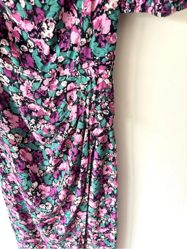 ASTR the Label Teal Purple Floral Puff Sleeve Midi Dress Ruched Slit Prairie - Image 7