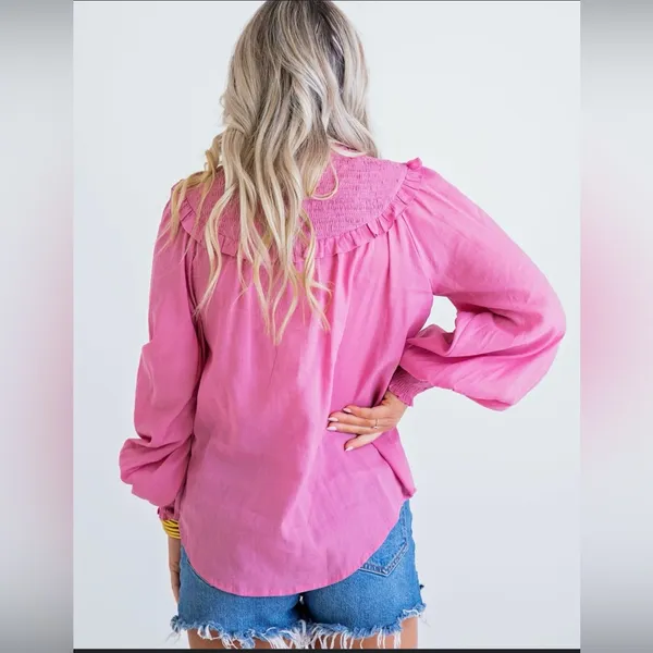 Karlie‎ Large Pink Linen Smock Top Button Up Long Sleeve Lightweight Ruffle NWOT - Image 2