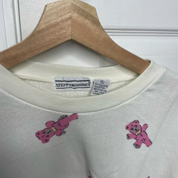 Pink Teddy Bear Vintage White Crewneck Lightweight Long Sleeve Sweater Small / S - Image 4