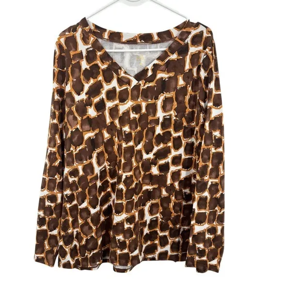 Belle by Kim Gravel Medium Brown White Animal Print Long Sleeve V‎ Neck Blouse - Image 2
