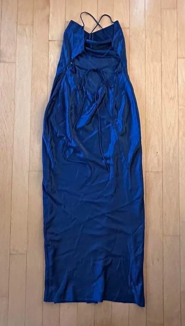 Princess Polly Analea navy blue satin cowl neck maxi dress with slit and open back - Image 3